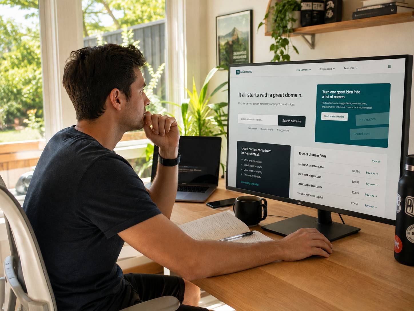 A person researching domain ideas with UI Domains on a desktop monitor